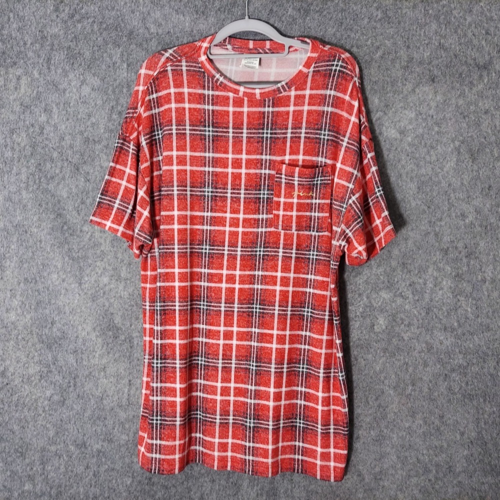 Victoria Secret Pink Pajama Shirt XS Sleep Plaid Short Sleeve Stretch Lounge